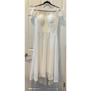 Chiffon Wedding Dress 1950s Lace Appliqué Short Sleeve Corset Back Sz 14